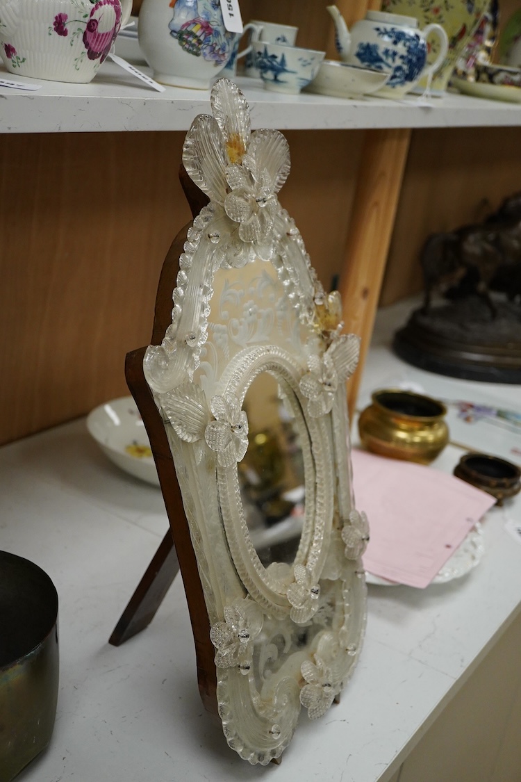 A Venetian glass easel mirror with applied glass flowers, 53cm high